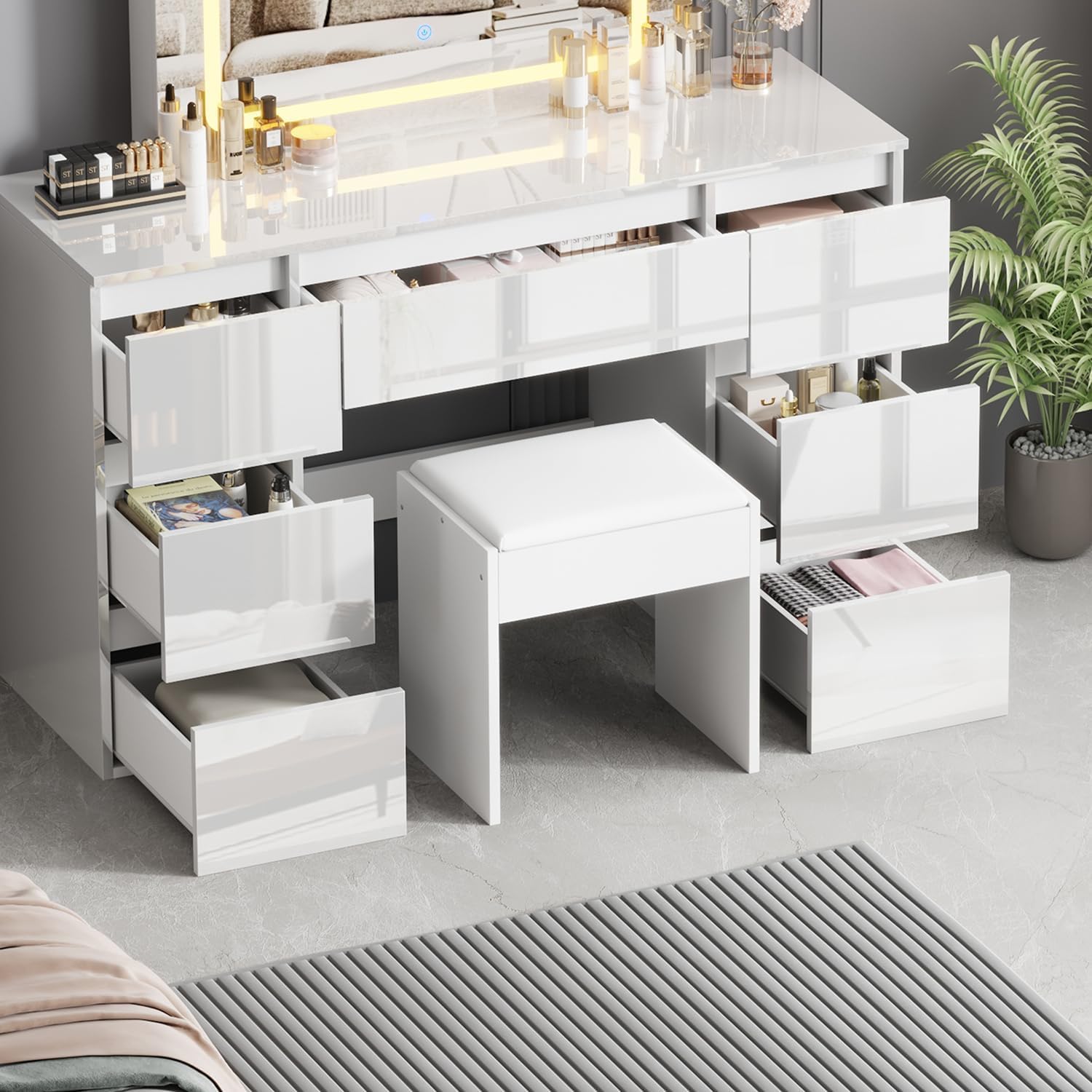 Schminktisch mit LED Beleuchtung, Hochglanz, 7 Schubladen, Weiß | Hochwertiger Stuhl mit Soft Pad, Für Schlafzimmer, Wohnzimmer, Friseur, Umkleidezimmer