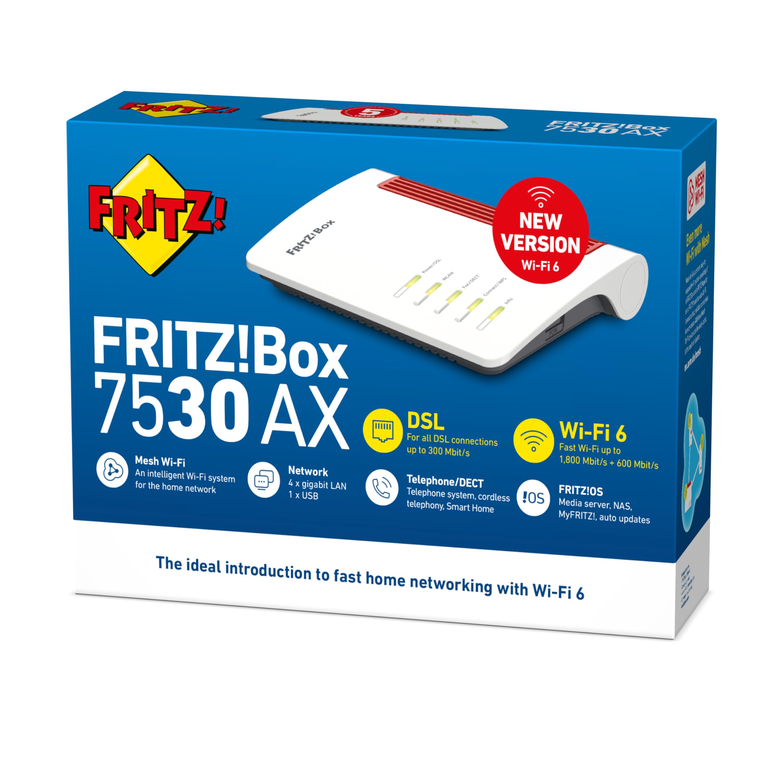 AVM FRITZ!Box 7530 Ax Edition International, Modem Router Wi-Fi 6 Dual Band Fino A 2.400 Mbit, S, Adsl, Vdls Fino A 300 Mbit, S, Mesh, Base Dect, Media Server, Interfaccia In Italiano, Bianco