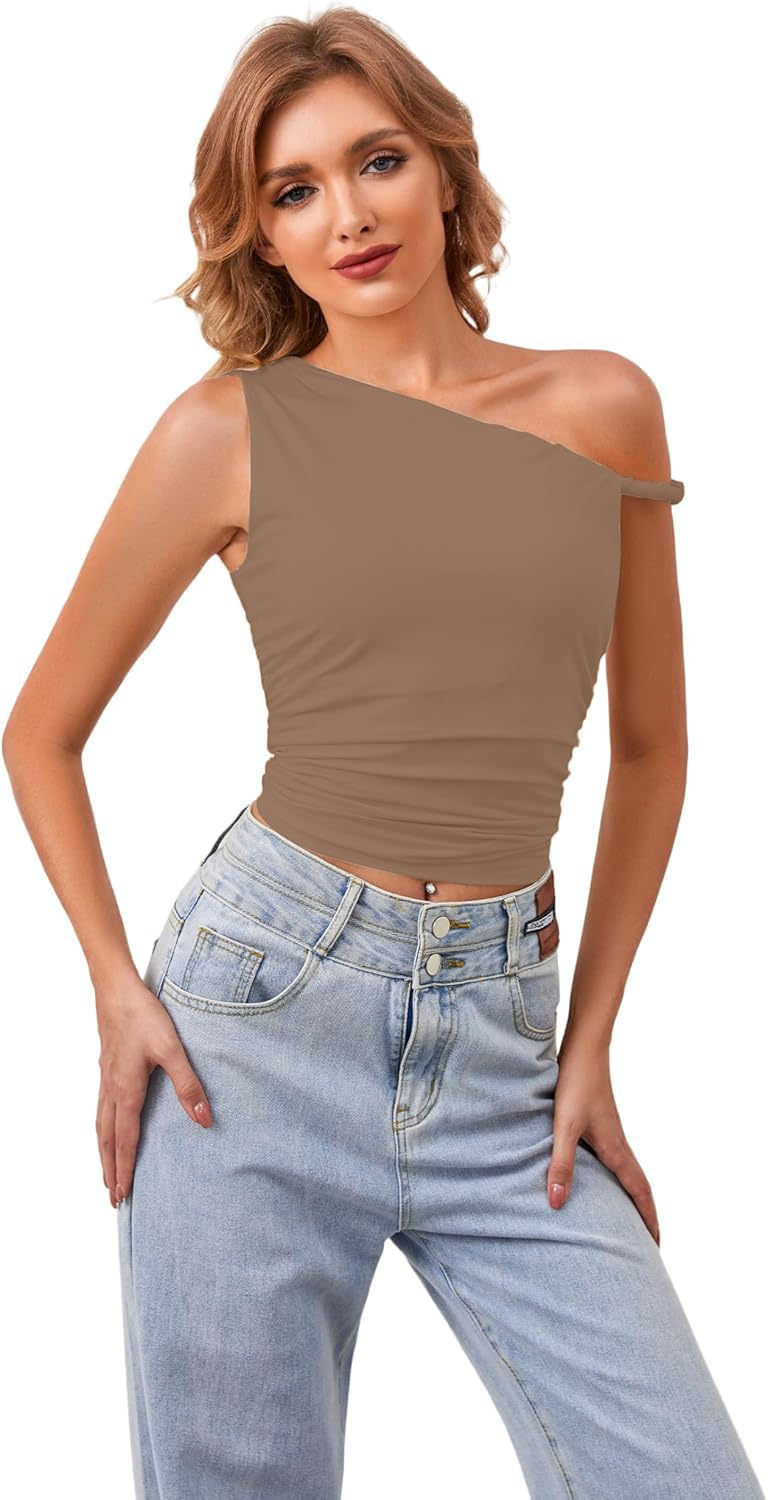 Ythomm Women One Shoulder Ruched Crop Tank Tops Casual Off The Shoulder Twist Strap Summer Tanks Tops Going Out Crop Shirts - Image 2
