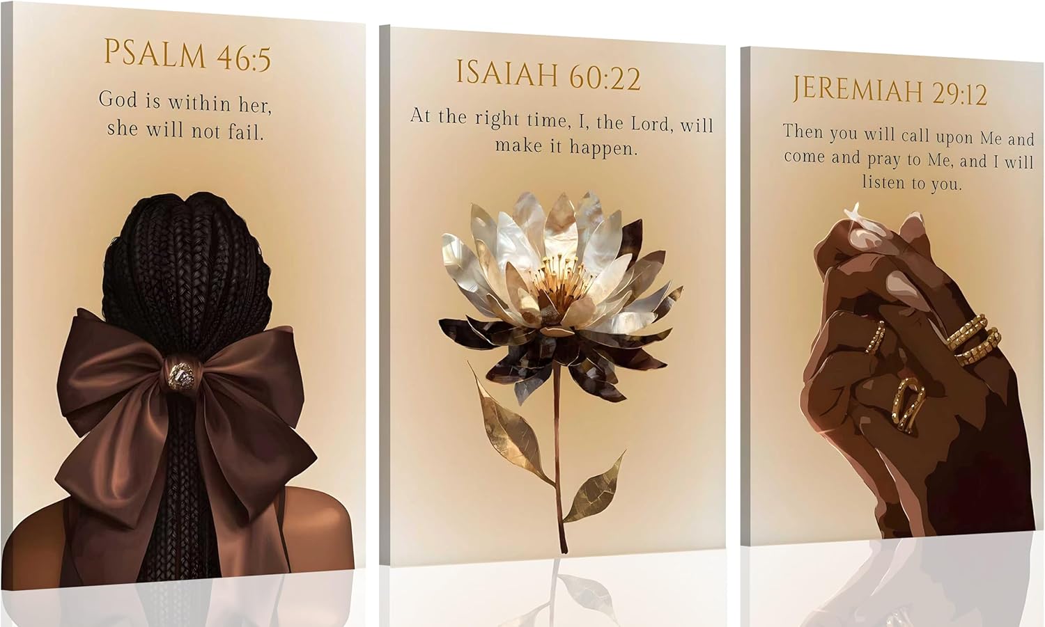 3Pcs Framed Trend Black Girl Canvas Wall Art Christian Bible Verse Poster Prints Abstract Fashion Lotus Flower Pictures Wall Decor for Living Room Bedroom Home Decoration