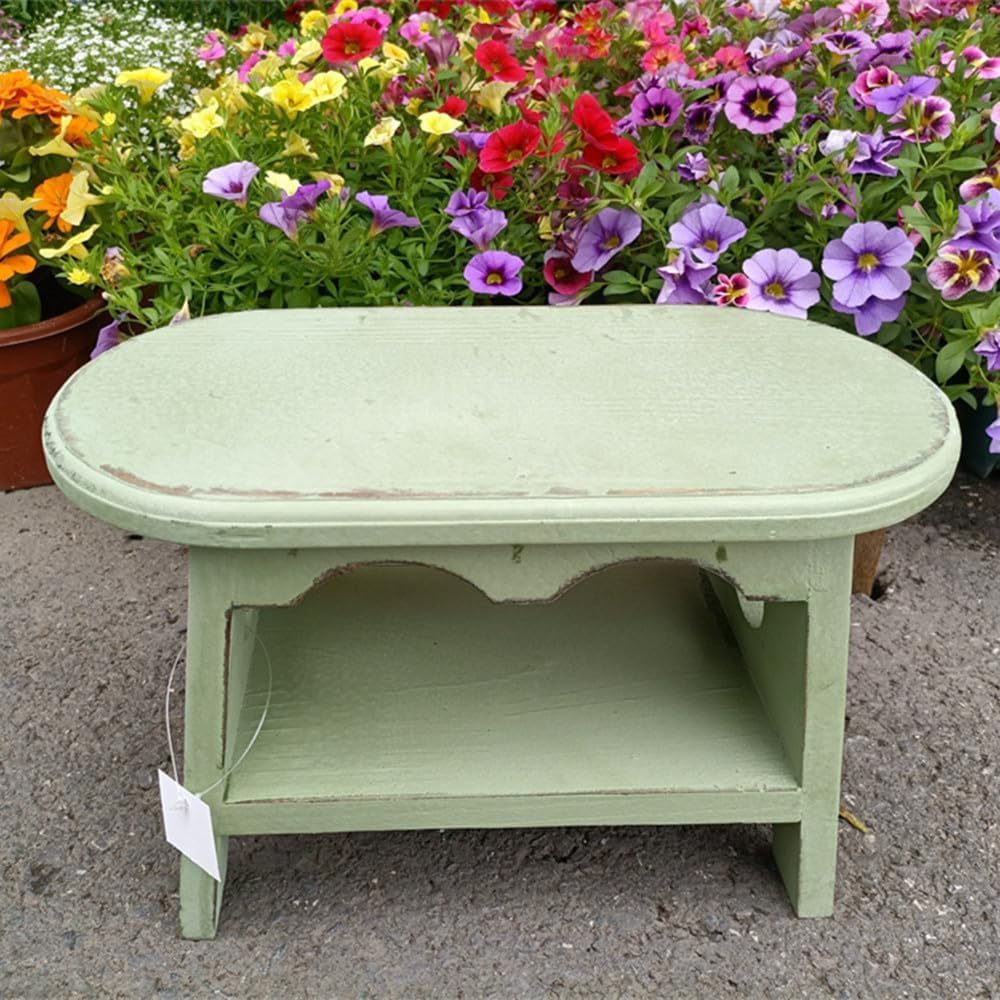 TentHome Panca in Legno Vintage, Poggiapiedi Rustico per Bambini, Sgabello Shabby per Fiori per Piante, Sgabello Ovale Per Bambini, Perfetto per Cameretta, Giardino e Cucina (Verde)