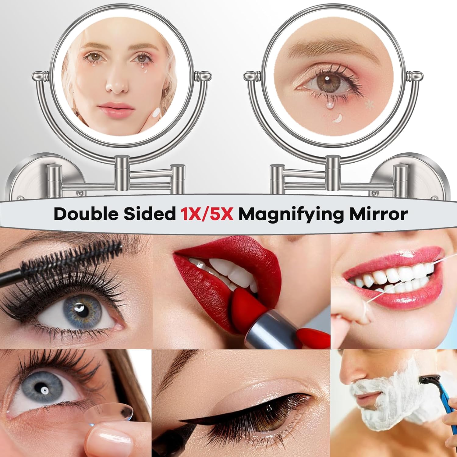 Premium 8" Brass Lighted Makeup Mirror with Magnification, 1X/5X Double-Sided Bathroom Wall-Mounted Mirrors Swing Arm, Touch Dimming, Brushed Nickel Finish, Hardwired