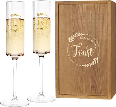 AW BRIDAL Engagement Champagne Flutes Set of 2 with Wooden Keepsake Box