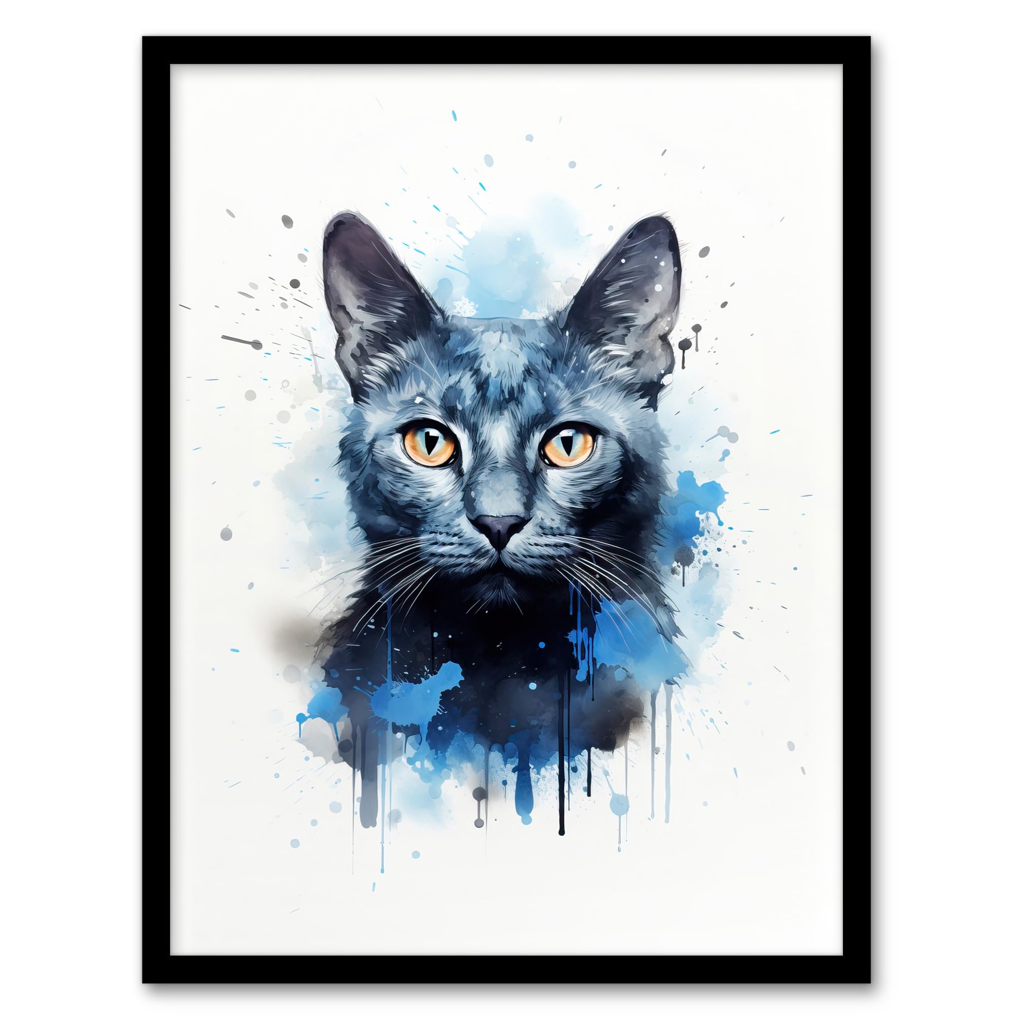 Artery8 Russian Blue Cat Lovers Gift Watercolour Pet Portrait Painting Artwork Artwork Framed Wall Art Print A4