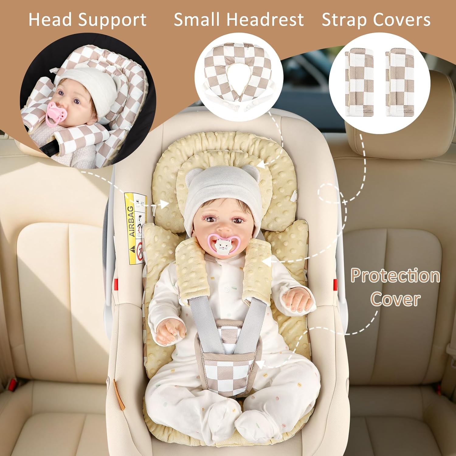 DILIMI Infant Car Seat Insert, Baby Car Seat Head Support with Removable Headrest, Adjustable Newborn Car Seat Cushion with3 Strap Paddings for Stroller, Swing, Bouncers, Coffee Lattice