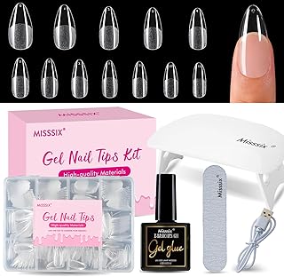 Misssix Medium Almond Gel Nail Tips Kit, 216Pcs Pre Etched Clear Fake Nails, Full Cover False Nail 9-in-1 Gel Glue and Portable Mini U V Nail Lamp for Women 12 Sizes