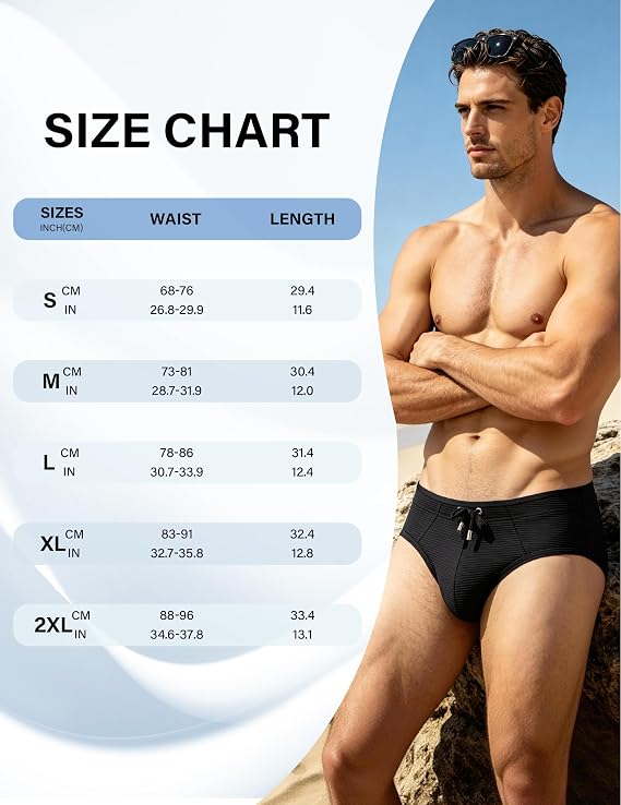 Casey Kevin Mens Swim Briefs Solid Striped Texture Bikini Drawstring Trunks