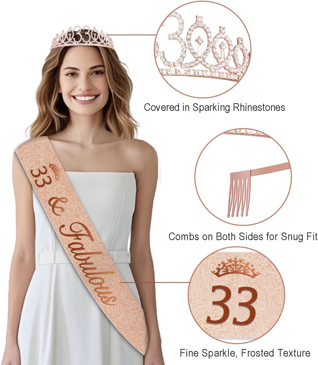 33rd Birthday Decorations for Women,32PCS 33rd Birthday Party Decorations,Including Backdrop, Crown, Sash, banner, Hanging Swirl,balloons,Cake Topper,Paper Fans and Anniversary Card - Image 2