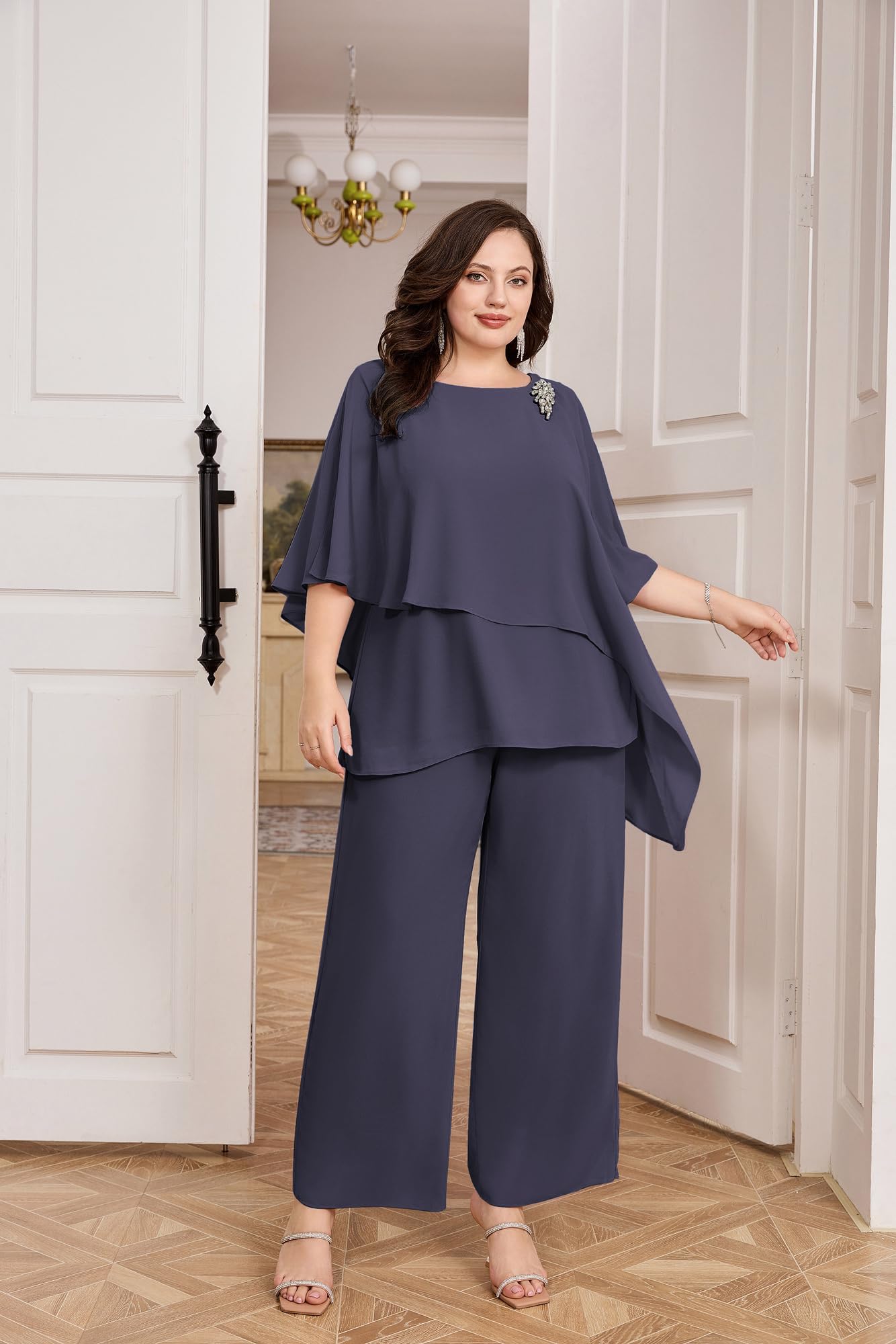 Hanna Nikole Damen Große Größen Chiffon Abendanzug Sets Cocktail Party 2-Teiliges Set Hosenanzug