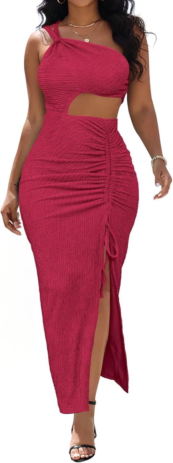 Aro Lora Womens Sexy One Shoulder Cut Out Midi Dress Ruched Side Slit Summer Beach Vacation Bodycon Party Long Dresses