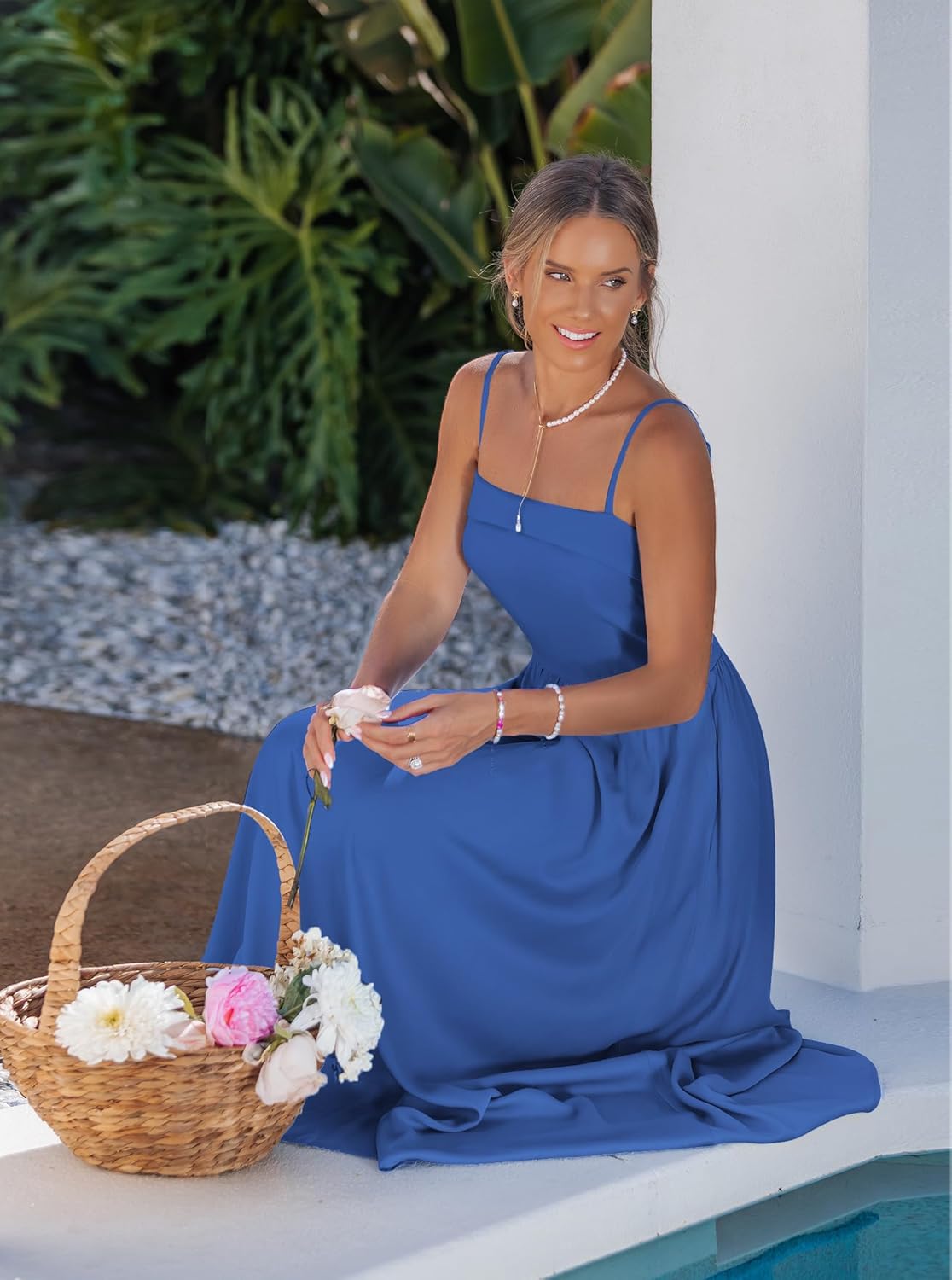 Women Spaghetti Strap Dress Flowy Summer Boho Maxi Dress Sleeveless Beach Vacation Long Dresses Sundress with Pockets - Image 3