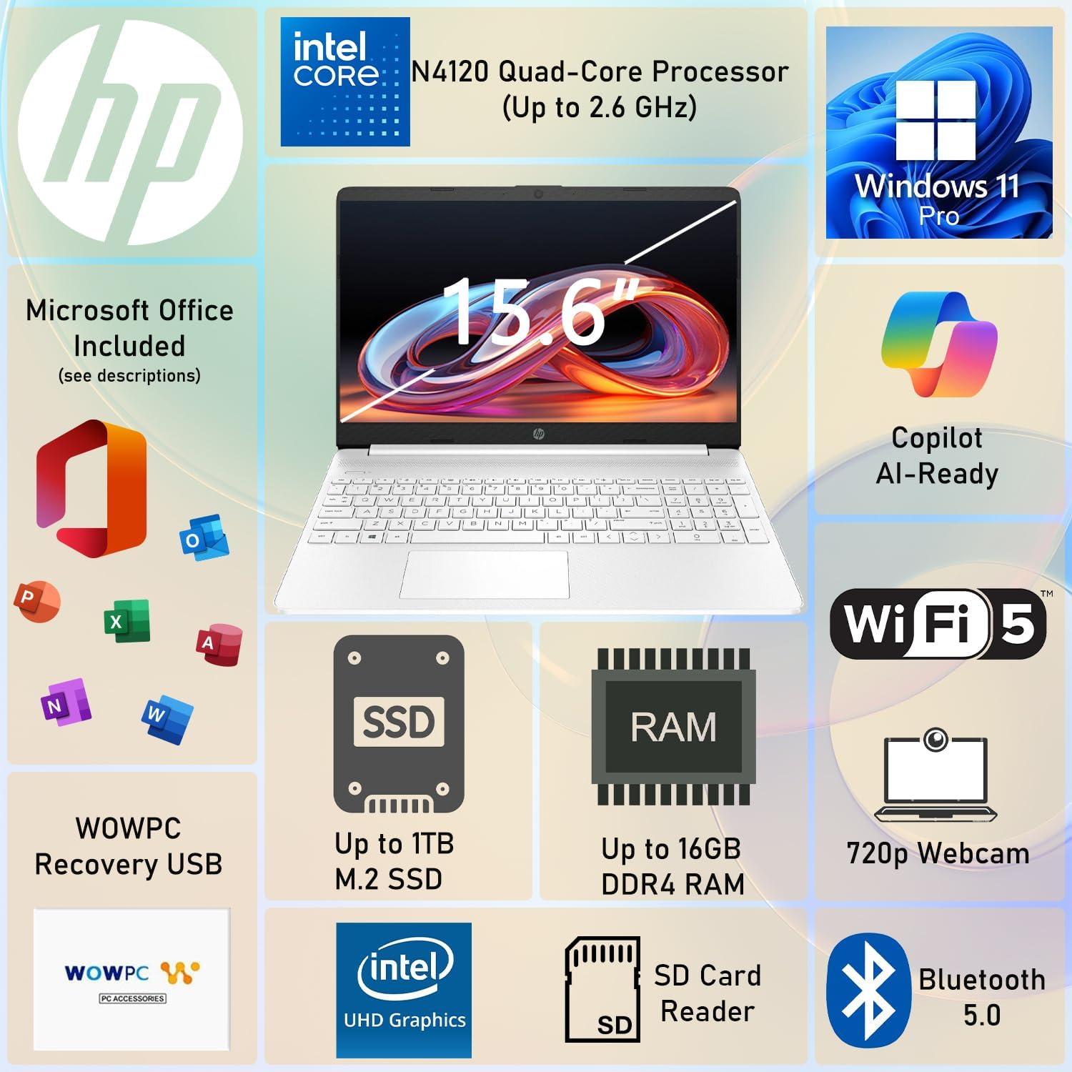 HP 15 Business Laptop with Microsoft Office | Powerful Intel Quad-Core Processor | 15.6" Anti-Glare LED Display | 8GB DDR4 RAM | 512GB M.2 SSD | Wi-Fi 5 | Windows 11 Pro | WOWPC USB