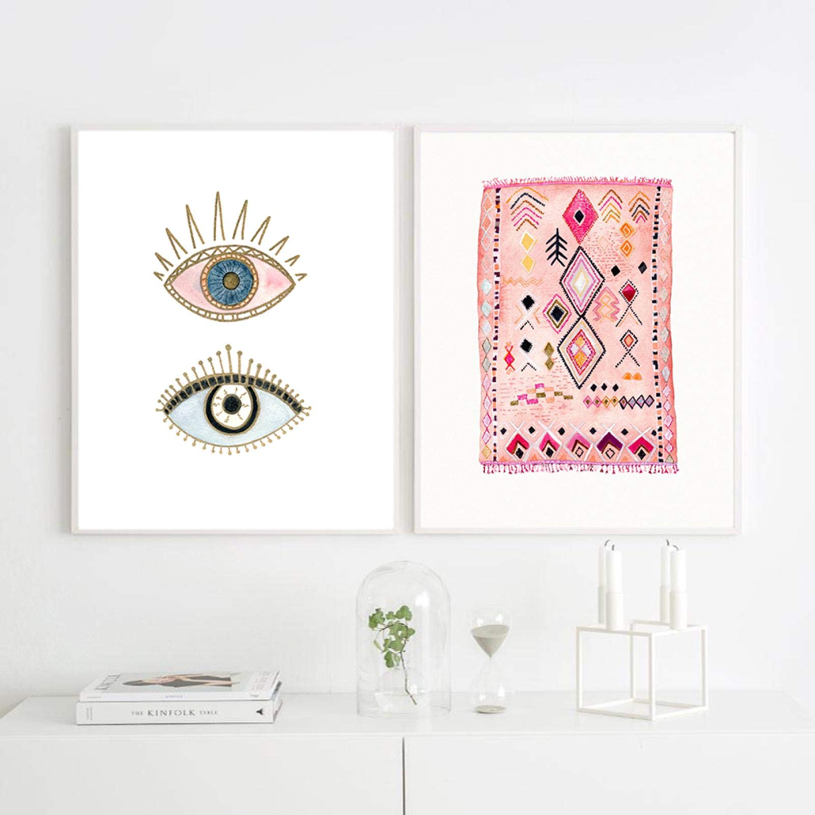 Yooyu Alfombra Arte Pintura Boho Cuadros de Pared Ojo Tribal Canasta Tejida Acuarela Lienzo Arte Impresiones Inicio Bohemia Cartel Decoración de la Pared 50x75cmx3 Marco Interno