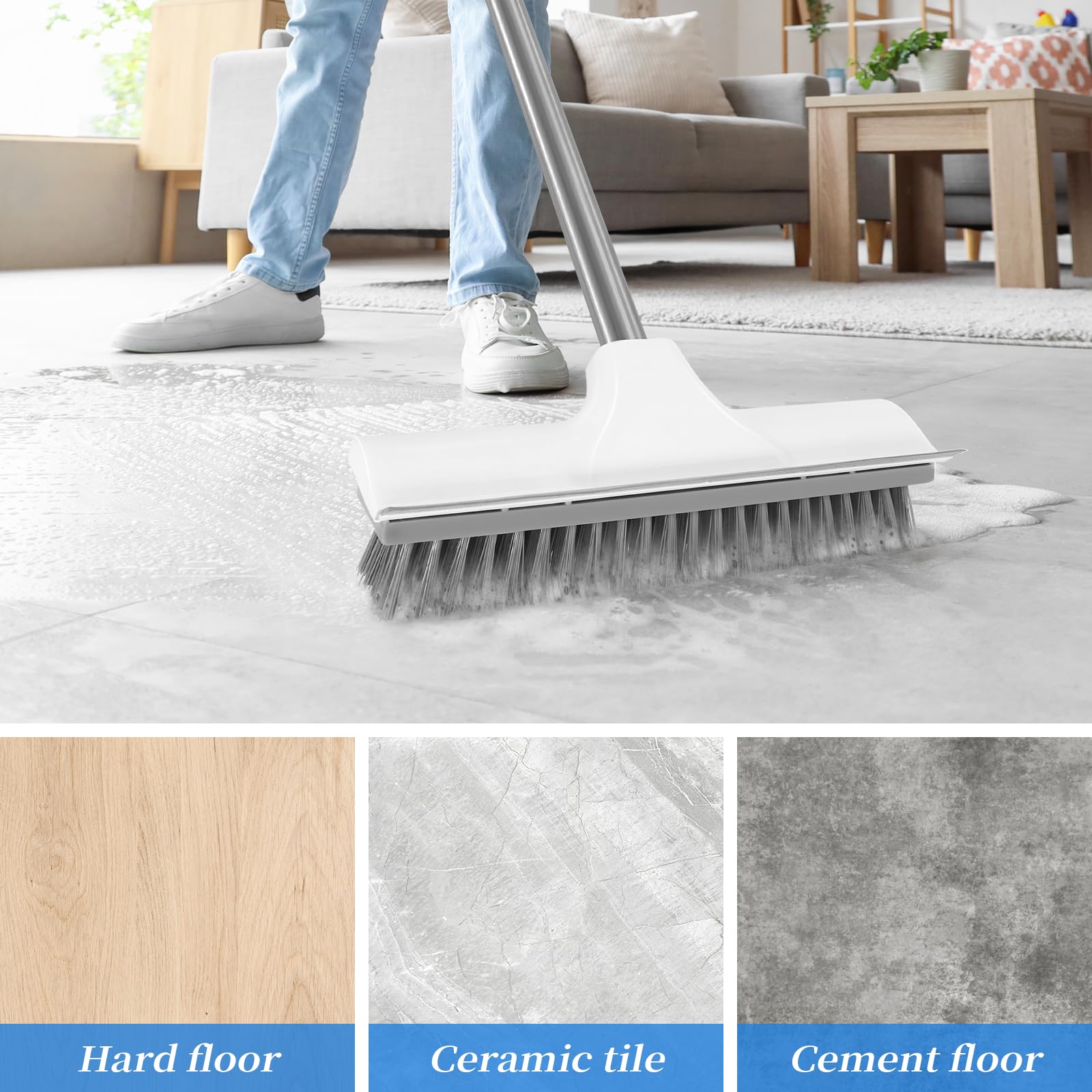 Newthinking Stainless Steel Long Handle Scrubbing Brush, 2In1 Multi-Functional Floor Scrub Brush With Long Handle And Water Wiper For Bathroom Indoor Floor, 43Inch 3