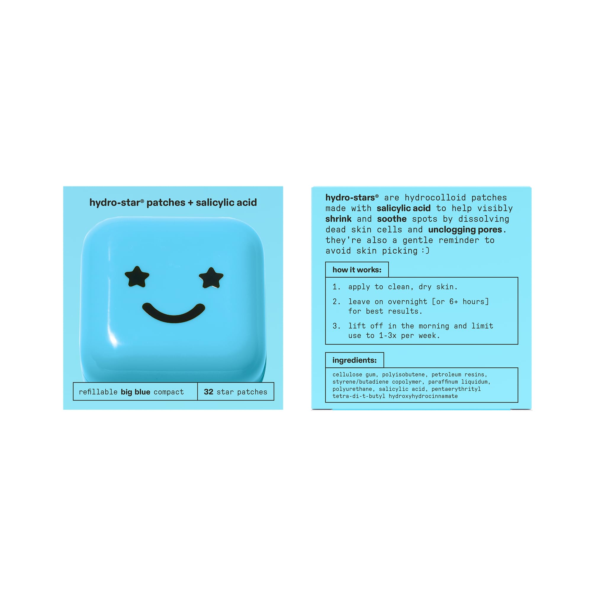 Starface Hydro-Star Pimple Patches + Big Yellow Compact, Clinically Proven Spot Shrinking in 6 Hours, Absorb Fluid and Reduce Redness, Hydrocolloid, Vegan and Cruelty-Free Skincare (32 Count): 32 Count (Pack of 1) Big Blue Compact Hydrocolloid + Salicylic Acid