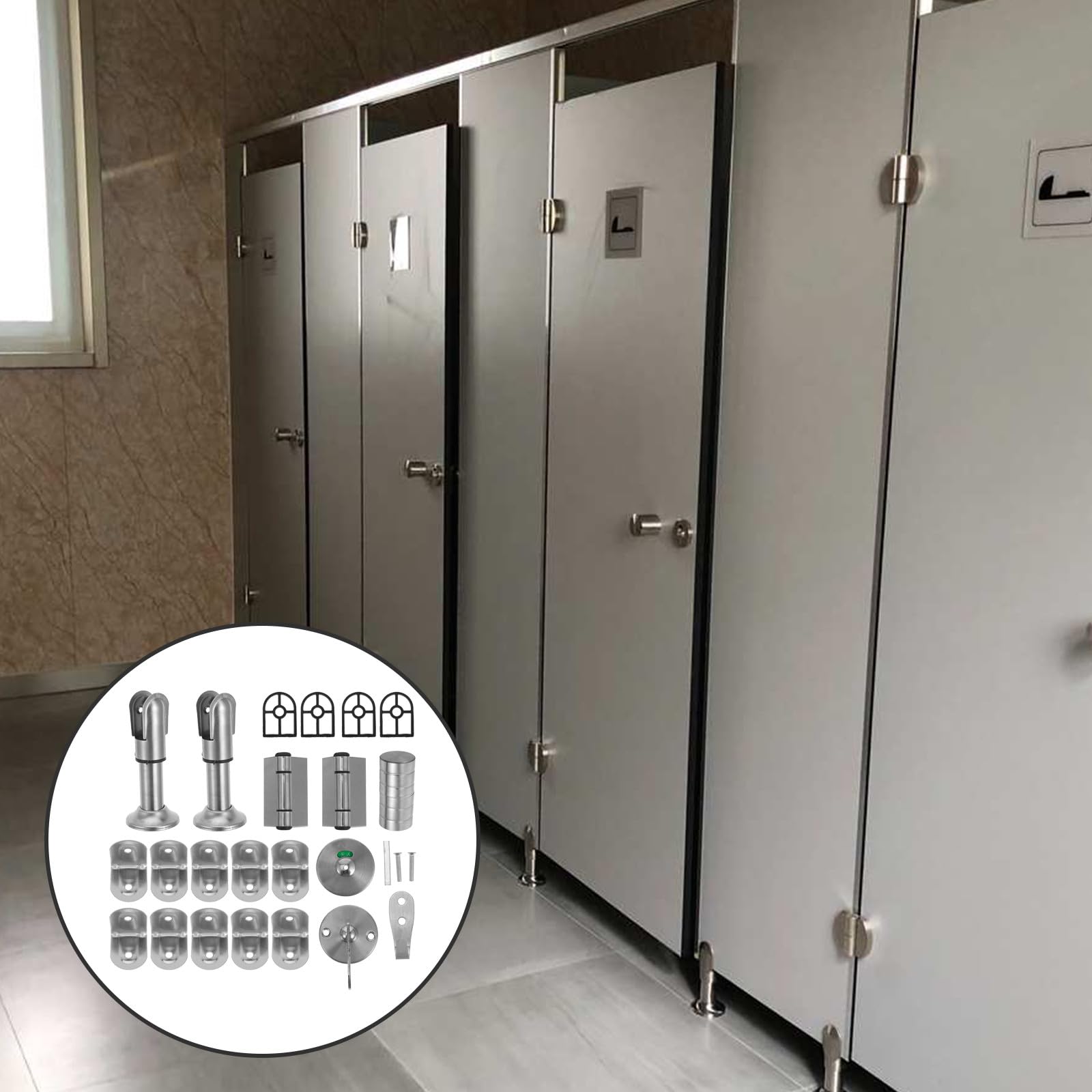 COLLBATH Kit Complet Cloison de Toilettes Acier Inoxydable Accessoires Robustes pour Séparation Sanitaire Support pour Toilettes Publiques