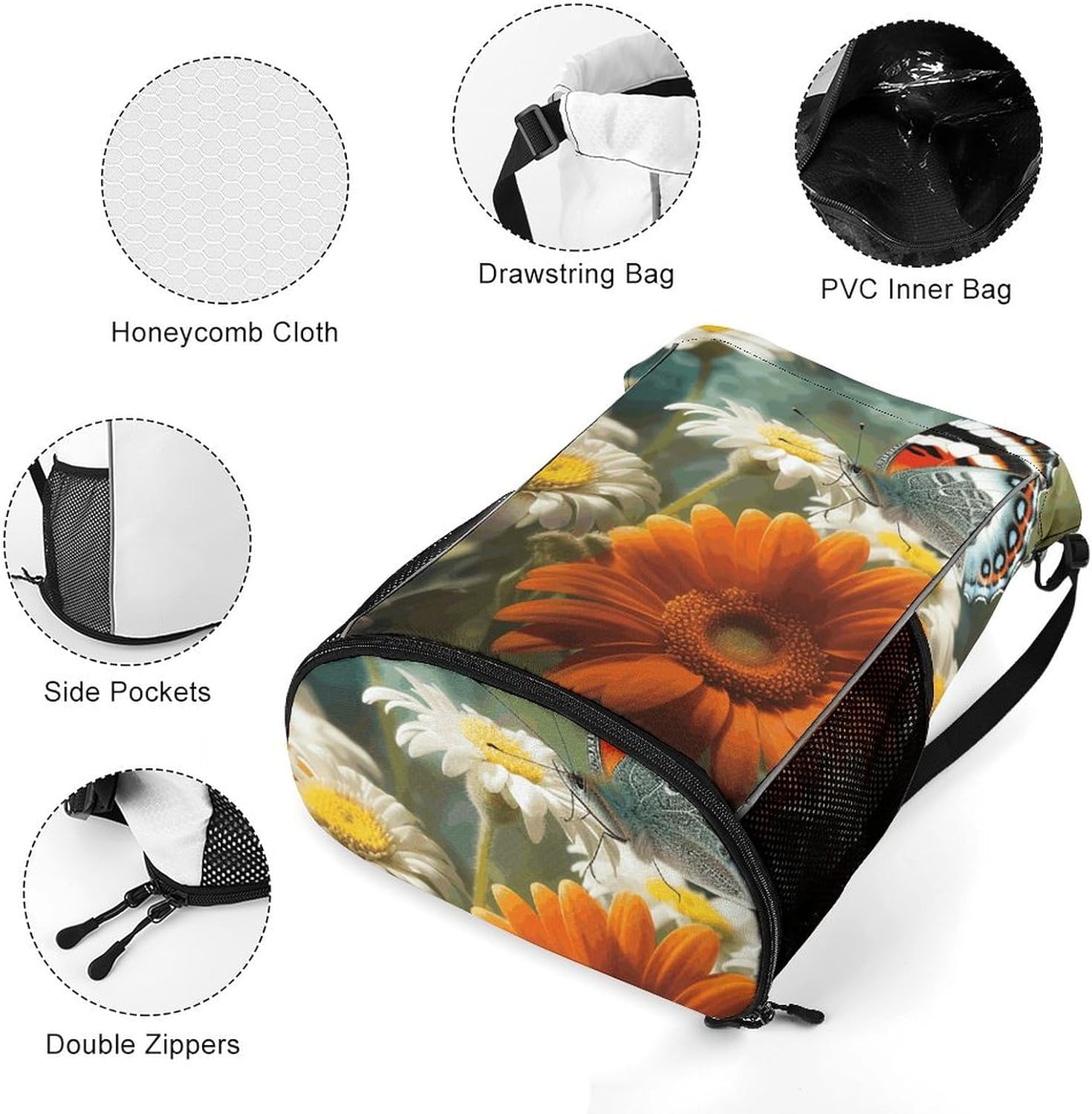 Sports Drawstring Backpack Flowers And Butterflies Lightweight Backpack Dry And Wet Separation Large Capacity