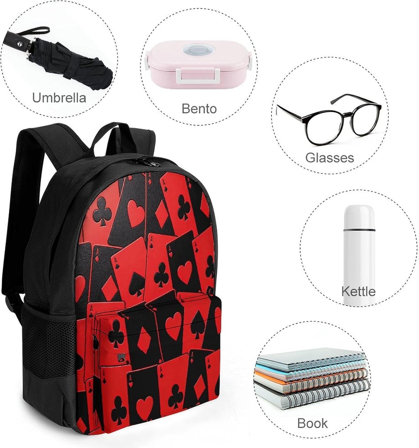 Playing Cards Red Black Ace Backpack Daypack Travel Backpack | Lightweight Casual Laptop Backpack for Women Men Aesthetic Travel Bag for Weekender Business Hiking Outdoor