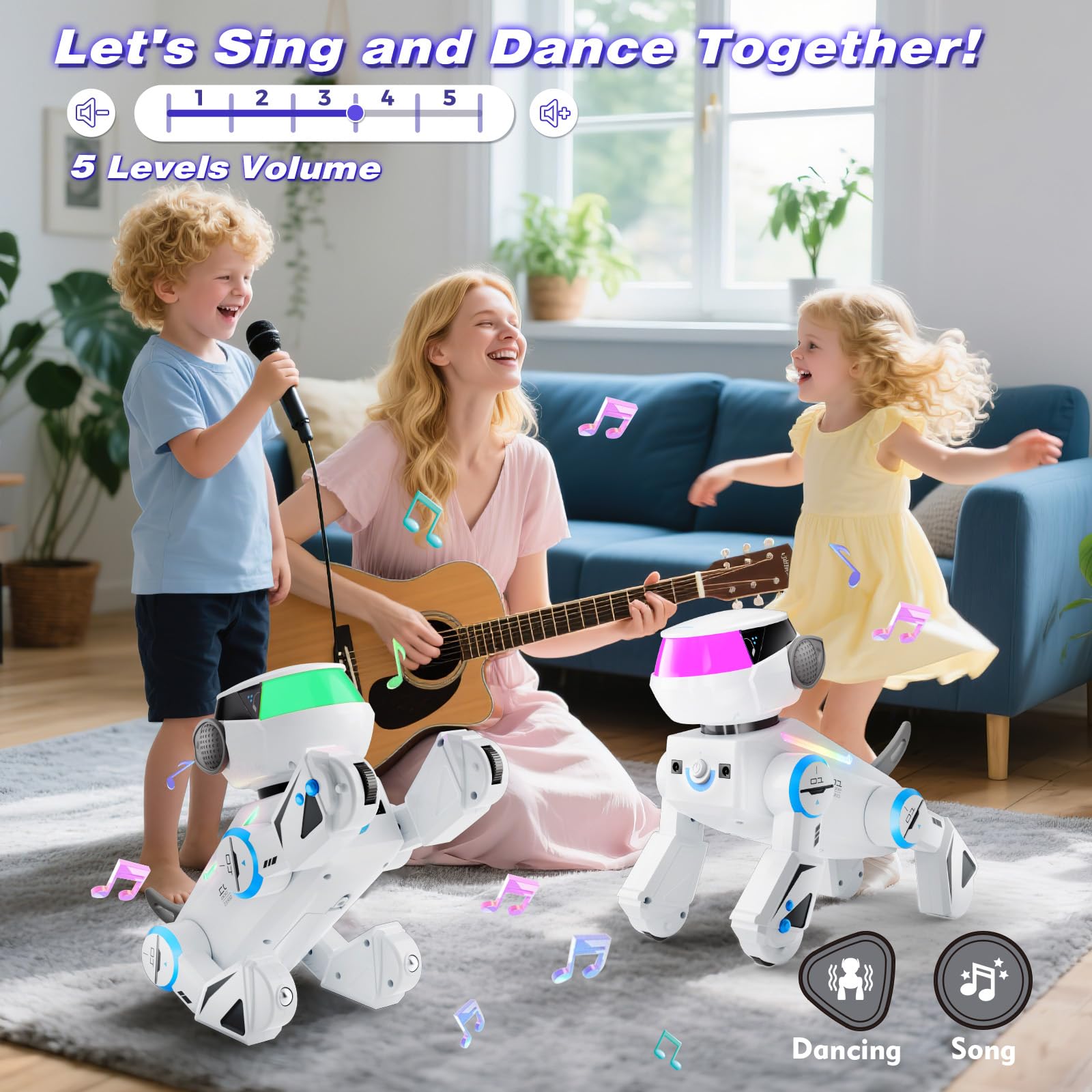 VATOS Perro Robot Recargable para Niños, Perro Robótico a Control Remoto con Ojos LED Multicolores y 17 Funciones Interactivas, Juguete de Cachorro Robot Que Canta y Baila, Regalo para Niños, Blanco