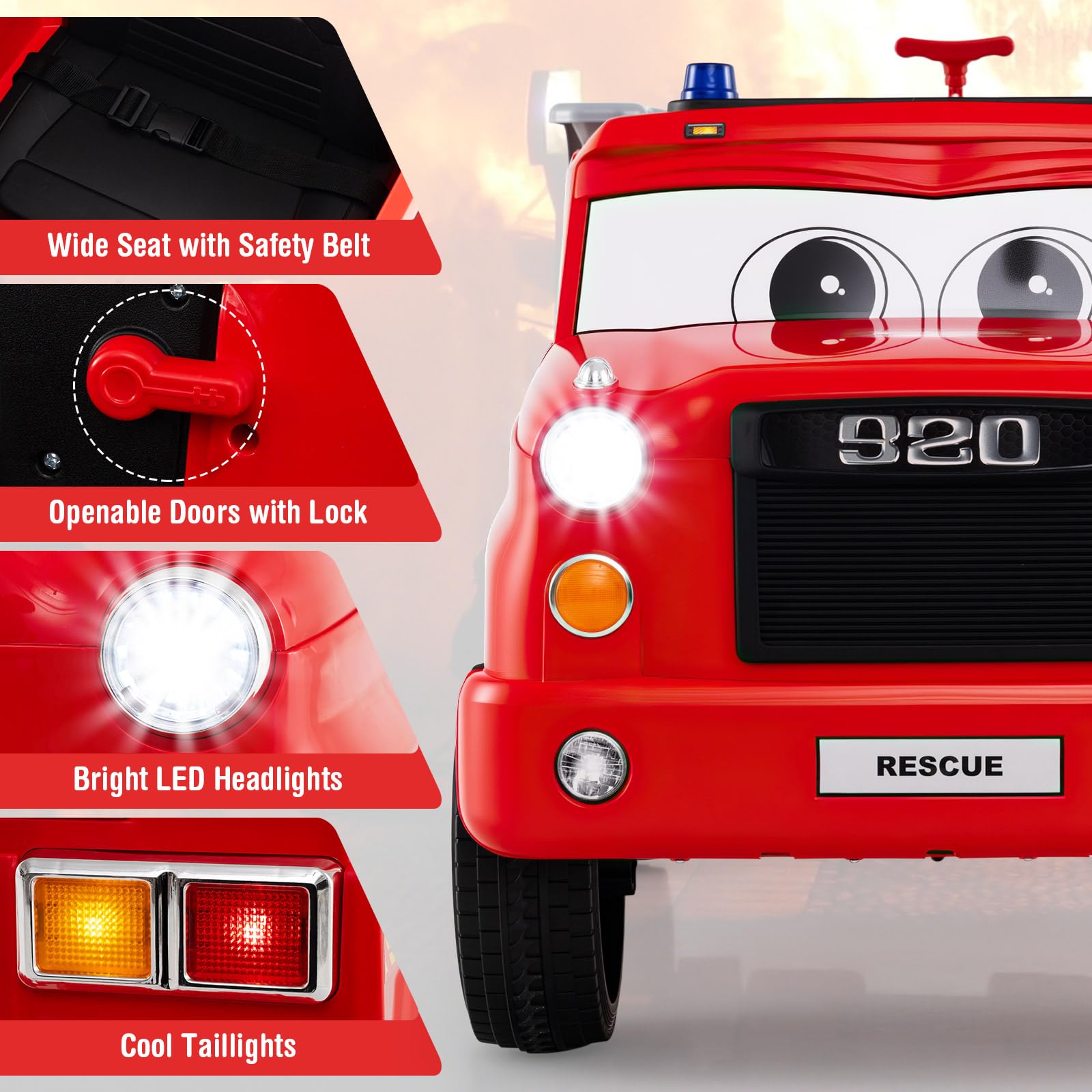 COSTWAY Kinder Elektroauto, 12V Feuerwehrauto Elektro mit Wasserpistole & Fernbedienung, Elektrisches Kinderauto mit Musik, Alarm, Blinklichtern und Softstart, Elektrofahrzeug für Kinder ab 3 Jahren