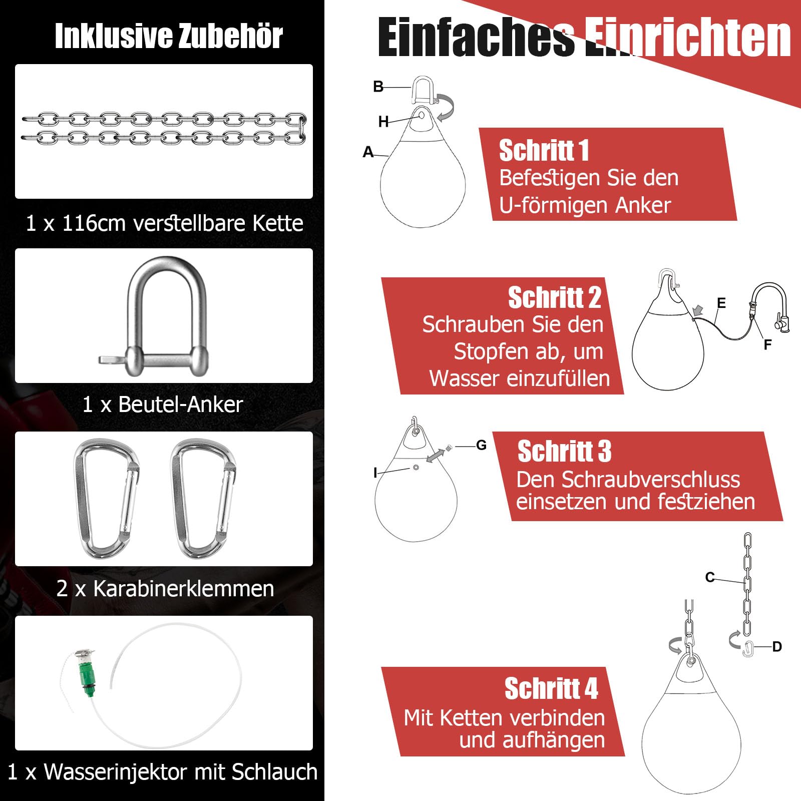 GYMAX Wasserboxsack Ø55cm aus PVC, Boxing Punching Bag mit Wasser füllbar, 80kg hängendes Punchingsack inkl. Wasserschlauch, Sicherheitsschnallen & Metallkette, für Erwachsene & Jugend, Schwarz