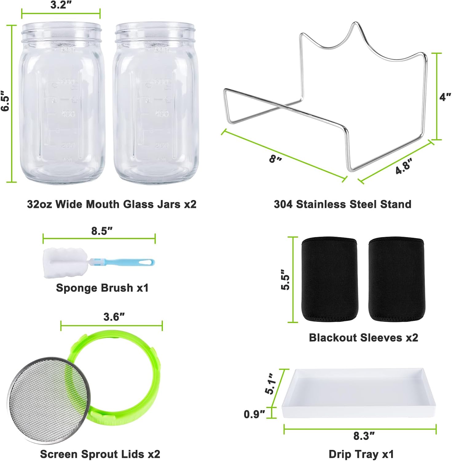 Seed Sprouting Kit with 2 Large Wide Mouth Mason Jars - 32 oz Glass Sprout Jar Set with Stainless Steel Screen Lids, Blackout Sleeves, Stand & Drip Tray for Growing Broccoli, Alfalfa, Beans image 2