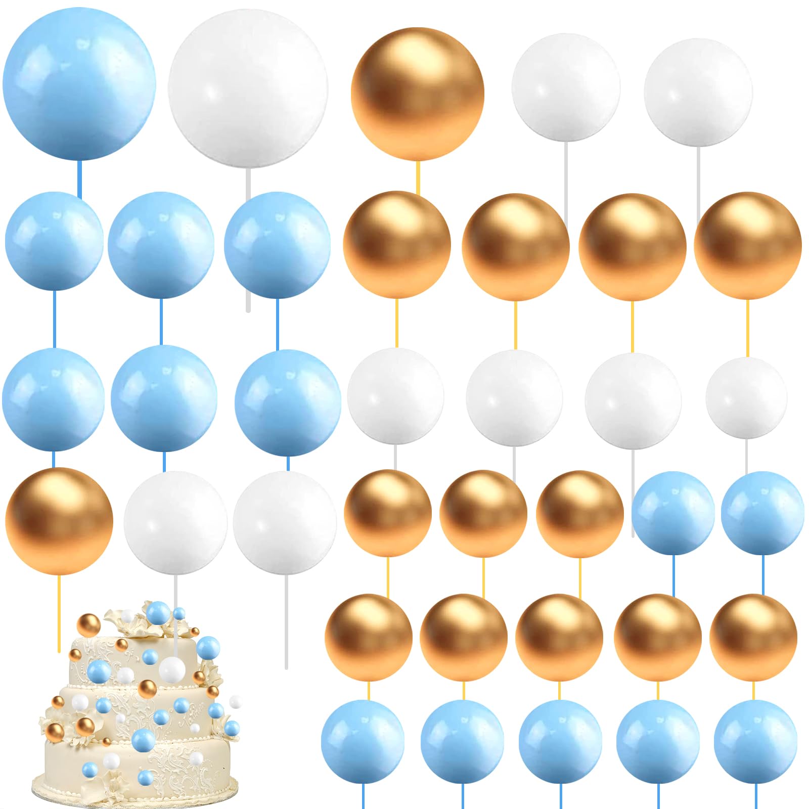 108 Pezzi Topper Torta Sfera in Schiuma,Mini Topper Torta Palloncino Cupcake Perle Balls Topper Foam Ball Torta Palloncino Cake Topper,per Anniversario,Matrimonio,Compleanno (Blu Bianco Oro)