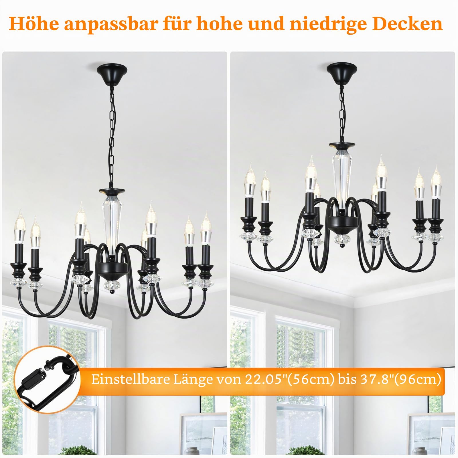 Kronleuchter Schwarz, 8 Flammig Rustikale Kronleuchter Vintage Pendelleuchte Wohnzimmer, Antik Deckenlampe Schlafzimmer Hängend mit E14 Fassung, Einstellbare Höhe Klassischer Lüster für Esstisch Flur