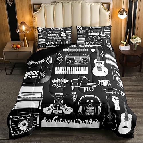 Miniatura 6 de Juego de edredón de disco de vinilo antiguo, juego de ropa de cama de guitarra eléctrica, juego de ropa de cama individual, trompeta vintage con