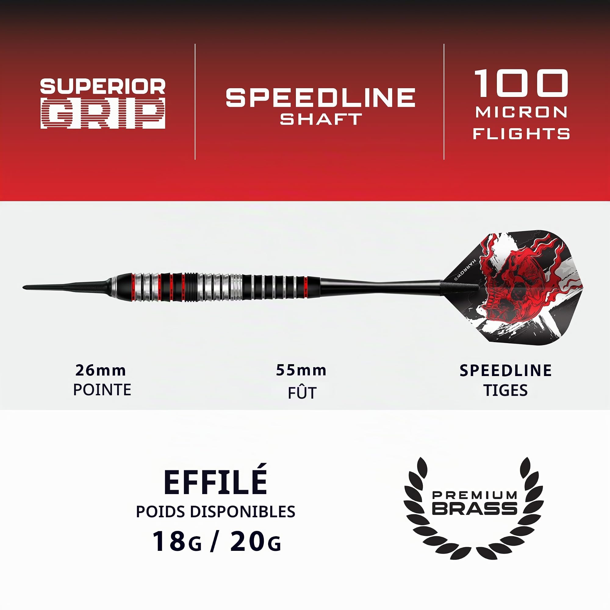 Harrows Ryan Searle Heavy Metal Jeu de fléchettes à pointe souple en acier inoxydable 18 g ou 20 g – Avec tiges Speedline, ailettes 100 microns et étui de fléchettes – Fléchettes robustes et souples