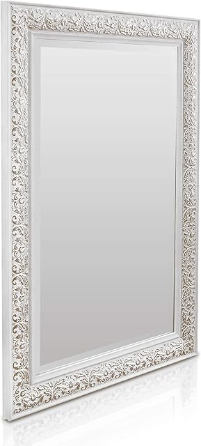 Shabby Chic Wall Mirror - 90 x 60 cm - Large French Vintage Style Mirror - Antique White and Silver