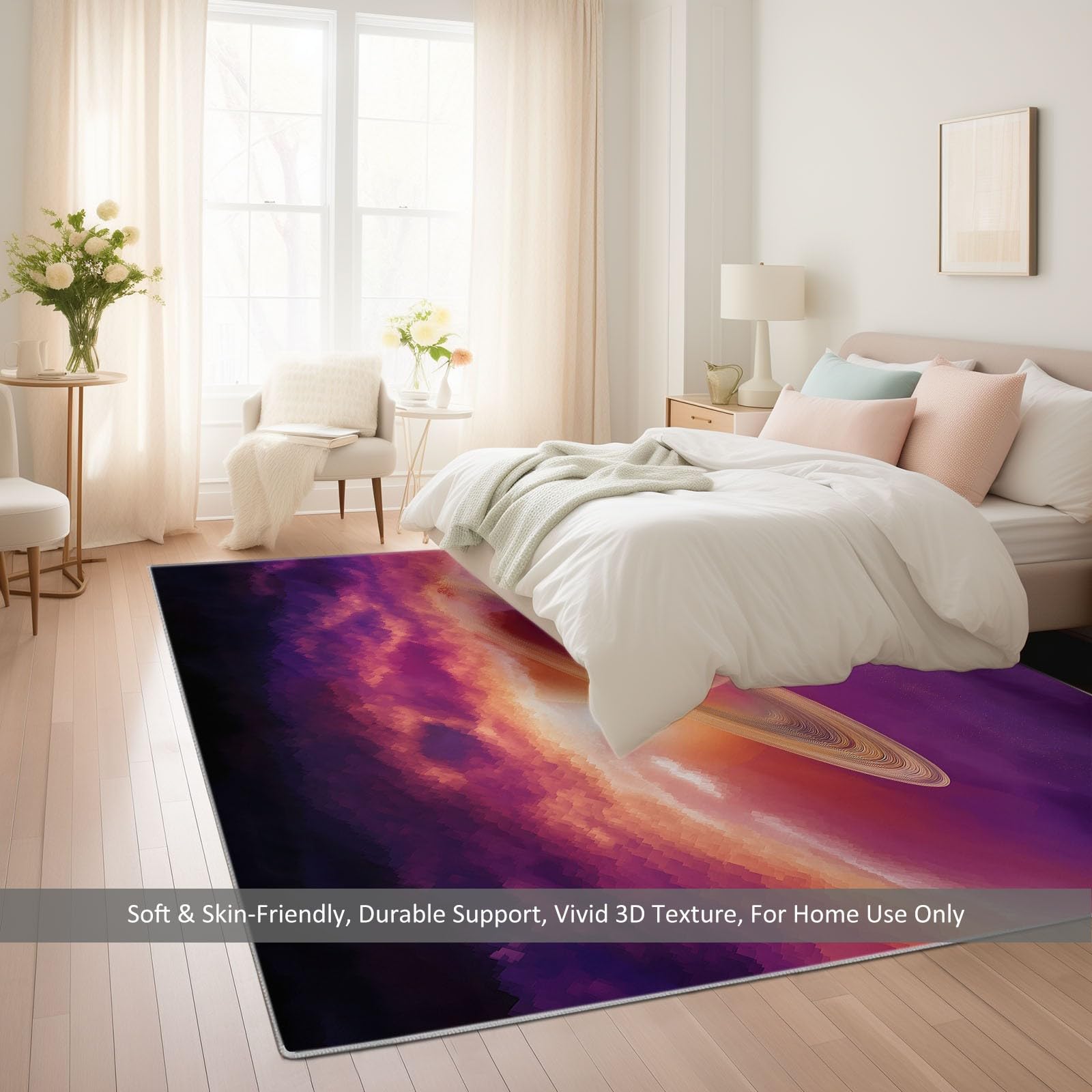 Fioletowy dywan nadający się do prania, 140 x 200 cm, dywan z nadrukowanym wzorem, bajeczny Galaxy Saturn, antypoślizgowy spód do salonu i sypialni