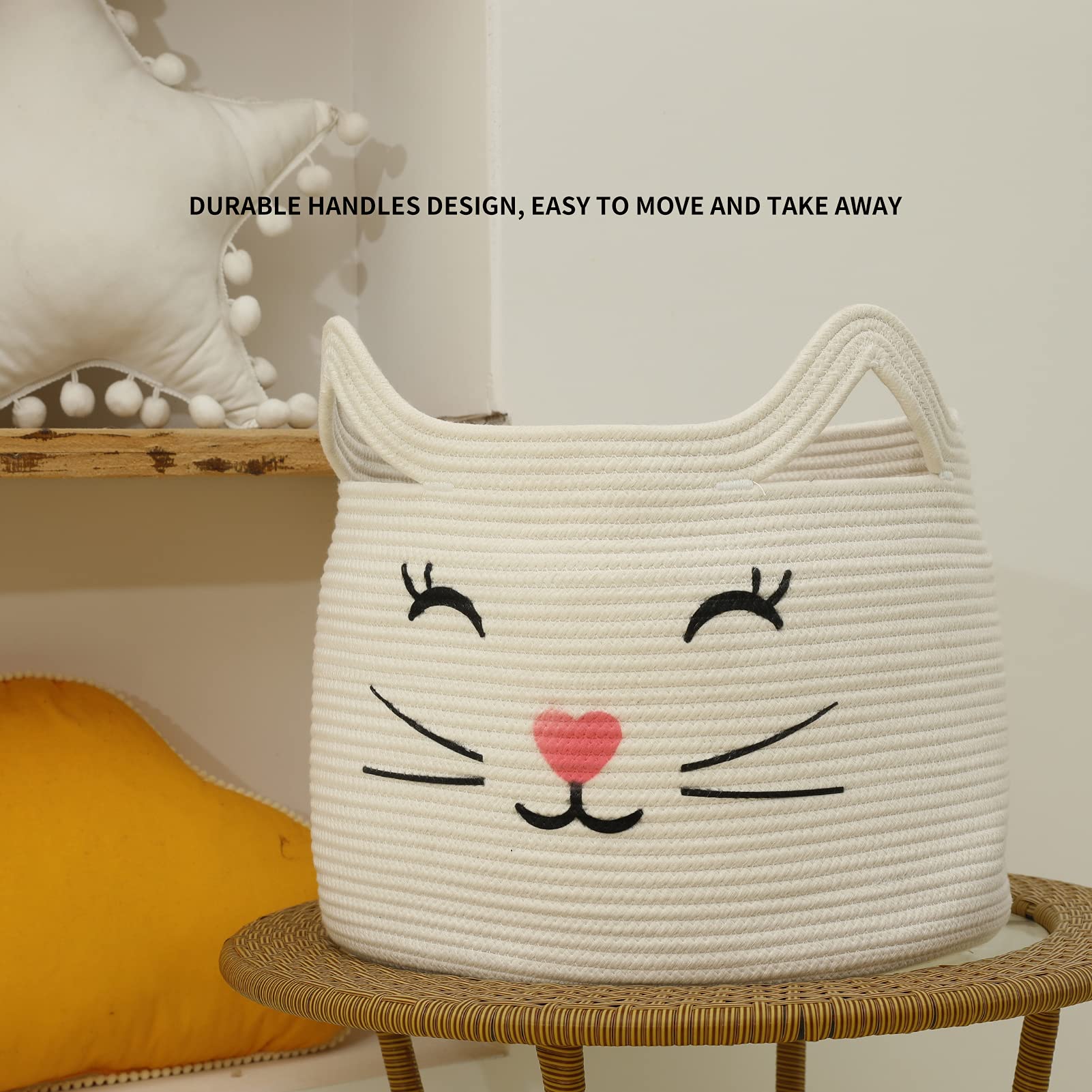 ZLG Cat Face Baby Basket - Handmade Standing Basket With Handles For Nursery