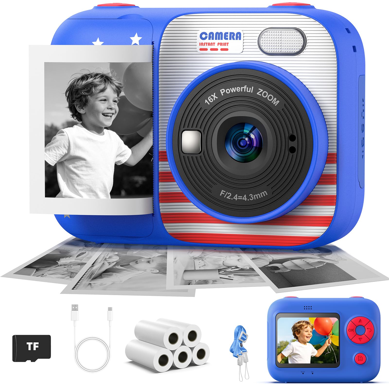 Kids Instant Print Camera with 5 Rolls Print Paper, 1080P HD Camera, Rechargeable Portabl…