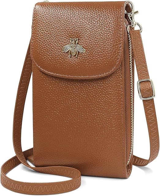 HNOOM Crossbody Phone Bag Women Genuine Leather Phone Bag Small Cellphone Crossbody Shoulder Bag Purse Wallet with 8 Card Slots Multi Compartment Phone Purse Bag with Shoulder Strap (Brown)