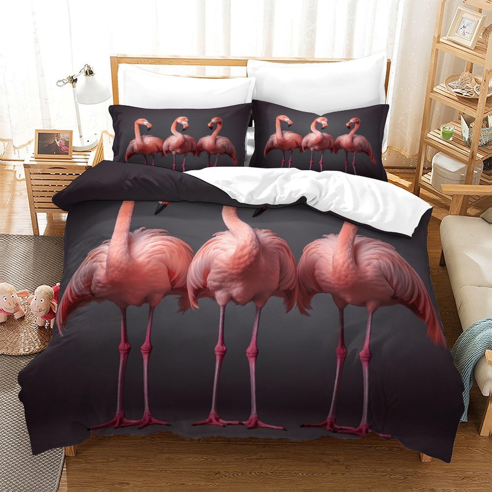 P1S9U7W5Y 3D Printed Flamingo Pattern 3 Piece Microfiber Duvet Cover Set for Adults Bedroom Decor Flamingo Bedding Set Soft Skin-Friendly Double（200x200cm）