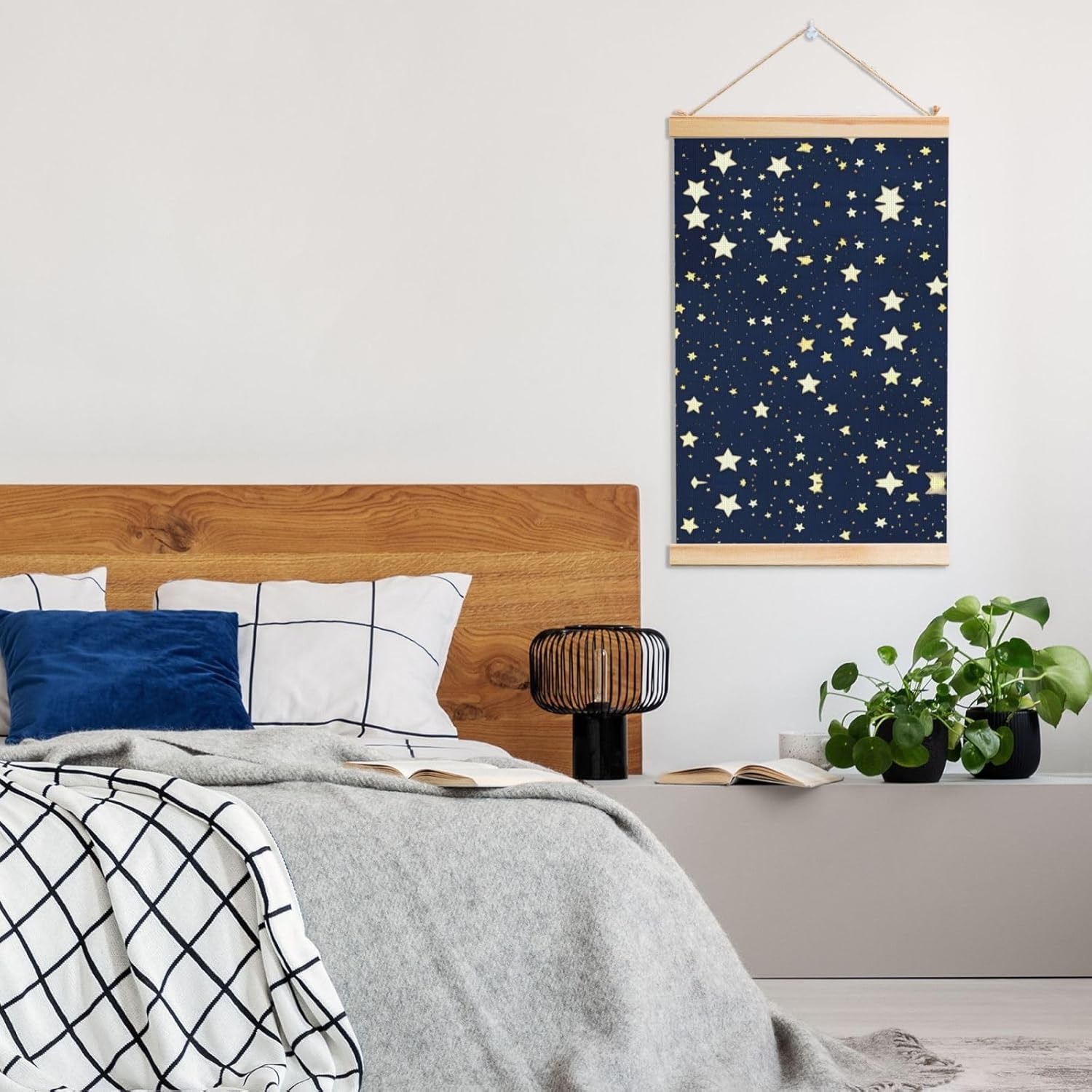 Navy Blue Sky And Star Print Poster Hanger,Hanging Poster, Poster Frame,Wood Poster Hanger, For Wall Hanging