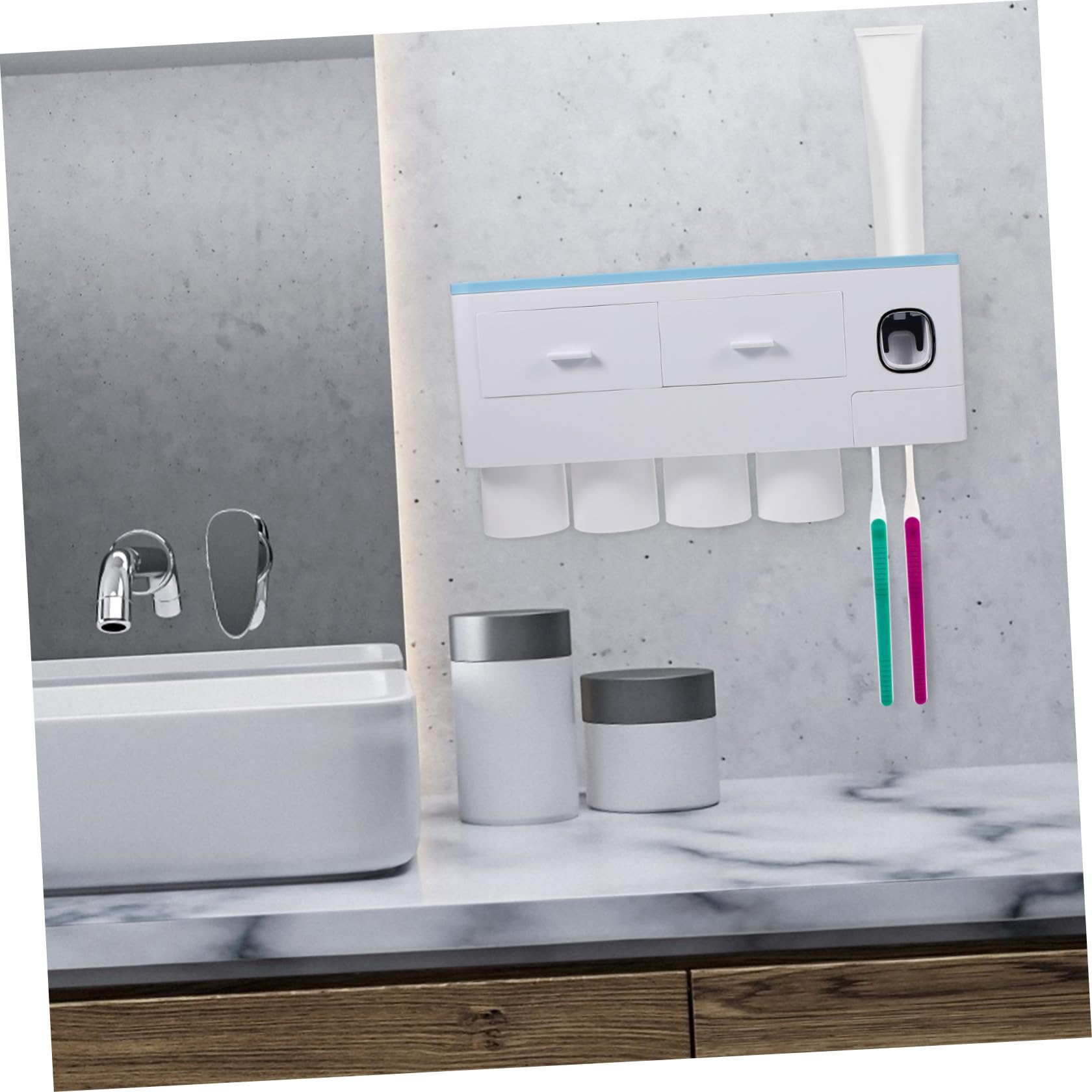 Zahnbürstenhalter Blau mit Zahnpastaspender Wandmontierter