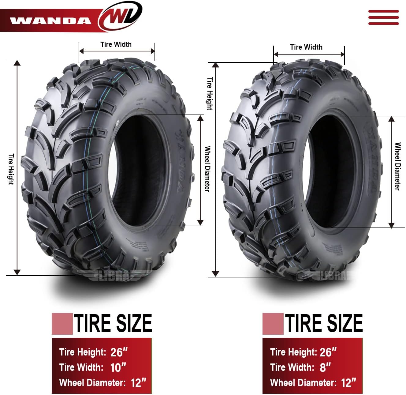 WANDA Set of 4 ATV UTV Tires 26x8-12 & 26x10-12 for 06-17 Can-Am Outlander 650/800/800R