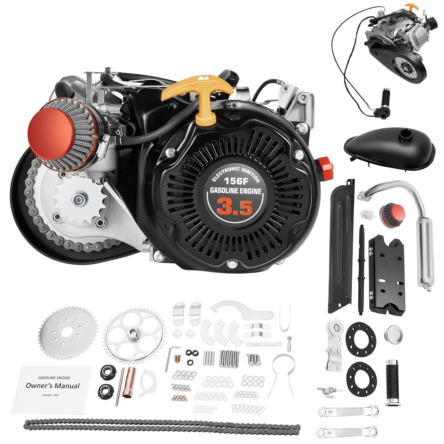 100CC Bicycle Engine Kit 4 Stroke Bicycle Gasoline Engine Motor Complete Hand Start Motorized Bike Kit with Chain Drive and Air-Cooling, Bike Motor Kits for Road Bikes Mountain Bikes