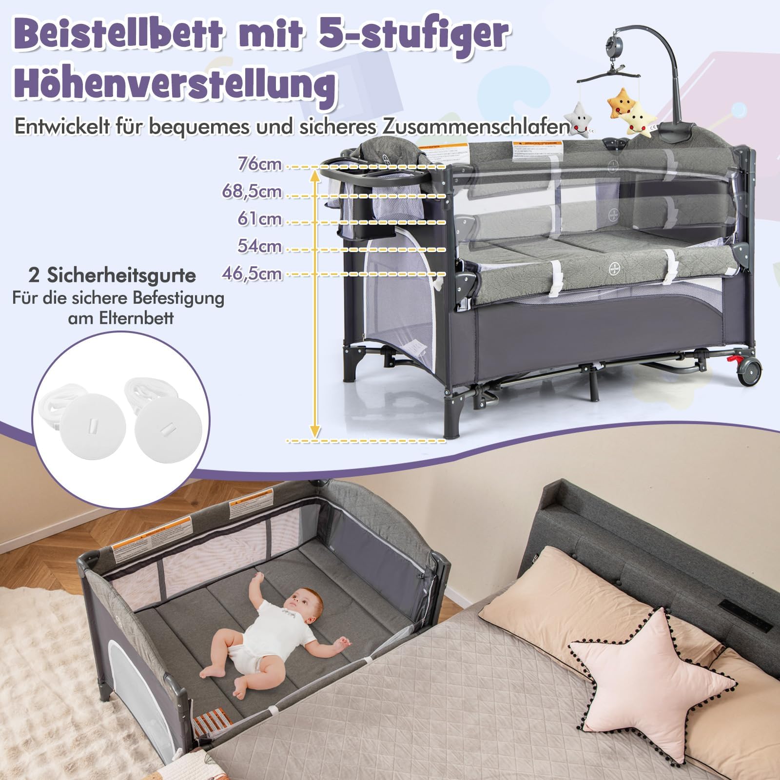 COSTWAY 5 in 1 Babybett, Reisebett Baby mit Matratze, Beistellbett höhenverstellbar mit Wickeltisch, Sicherheitsgurt, Spieluhr & Hängespielzeug, Stubenwagen Babywiege mit Rollen für Kleinkinder, Blau