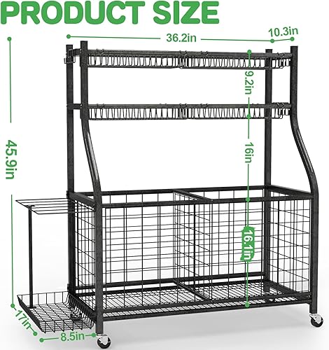 Miniatura 6 de Organizador de equipos deportivos de garaje, almacenamiento de pelotas con cuatro cestas y seis ganchos, organizador deportivo para garaje,