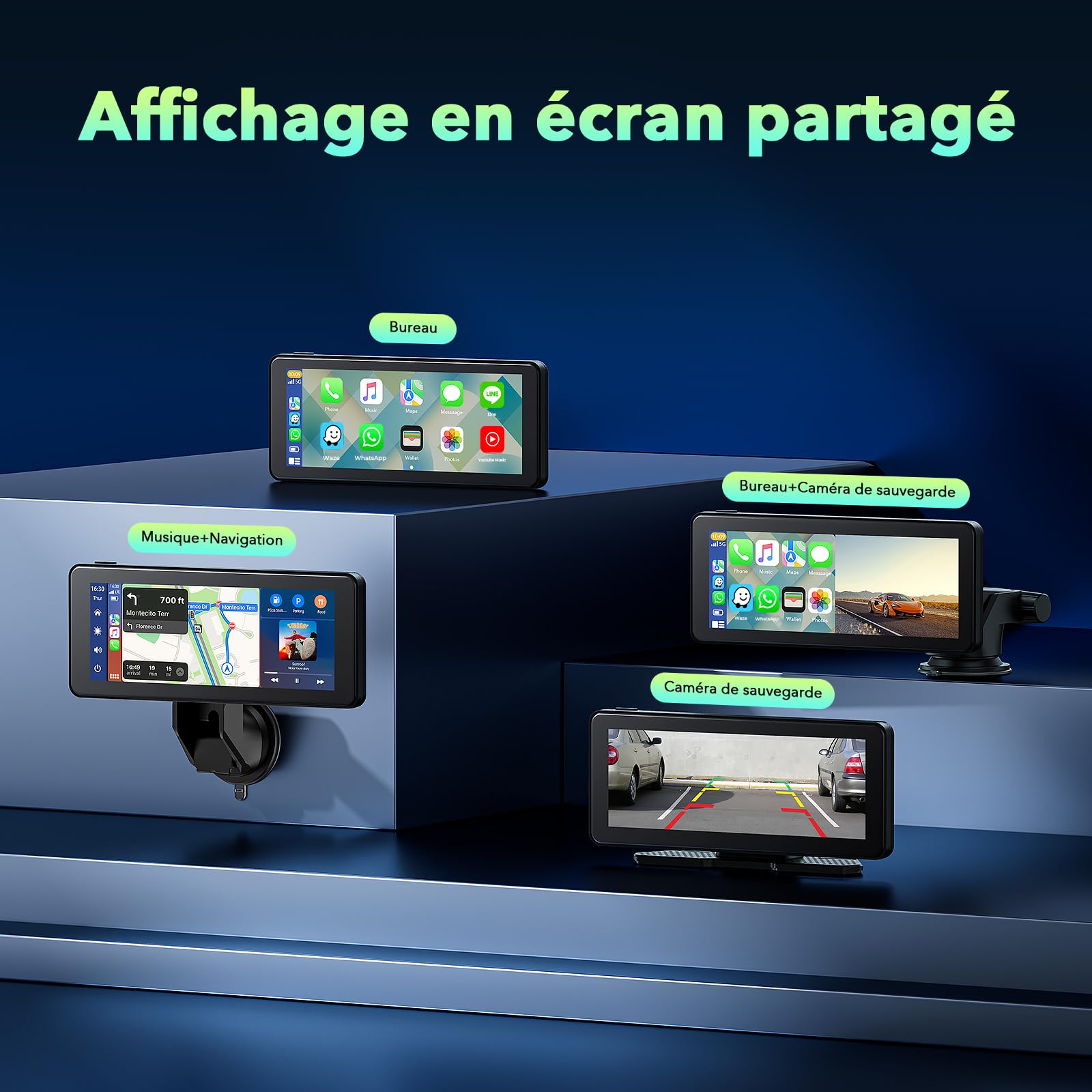 LAMTTO ÉCran CarPlay Voiture sans Fil avec Dashcam 2.5K Carte 64Go Incluse | Autoradio Portable 6,86 Pouces pour A-pple Car Play & Android Auto, Navigation GPS, Commande Vocale, Bluetooth 5.0