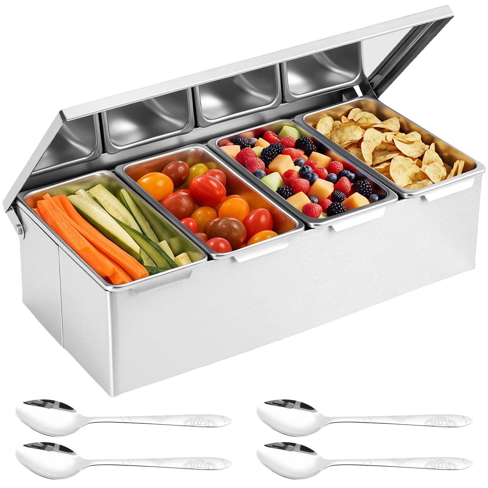 4 Compartment Condiment Holder Stainless Steel Topping Station with Lids