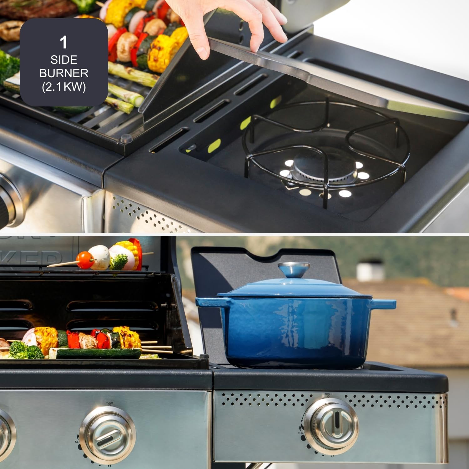 Black+Decker Barbecue à gaz BXOG12950E | 3 brûleurs 3,6 kW + côté 2,1 kW | Grille en fonte | Nettoyage facile | Thermomètre en acier inoxydable | Zone de cuisson flexible | Roulettes pivotantes