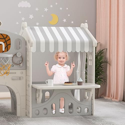 Miniatura 4 de XJD Tobogán 10 en 1 para niños pequeños, casa de juegos para niños pequeños a partir de 1 año, juego de tobogán escalador con aro de baloncesto y