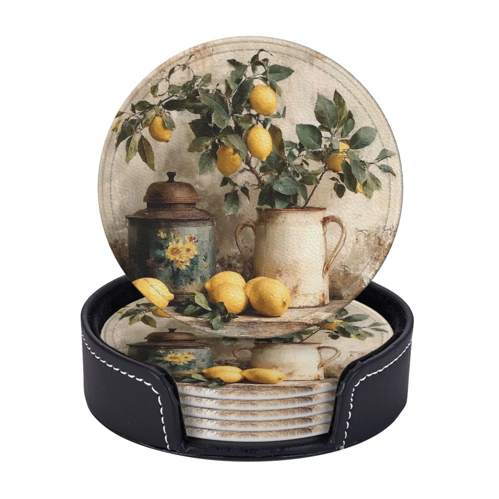 Drink Coasters 6 PCS Round Leather Coaster Yellow Lemon Coasters for Drinks Non-Slip Mugs Pads with Holder Personalized Cups Pad Mat for Coffee Table Kitchen 10 CM