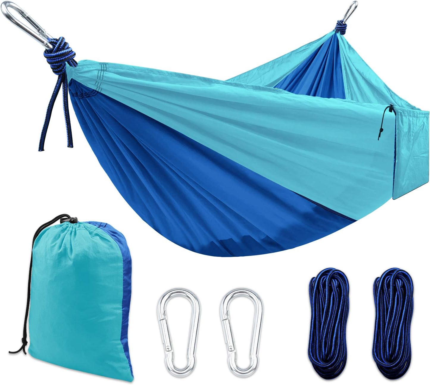 Camping Hammock, Double & Single Portable Hammocks with 2 Tree Straps and Carabiners | Easy Assembly | Lightweight Parachute Nylon Hammocks for Backpacking, Travel, Beach, Hiking (Blue/Sky Blue)