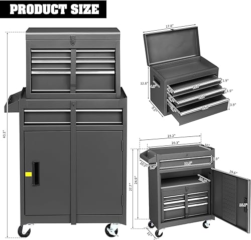 Miniatura 6 de Winado Cofre de herramientas con ruedas y cerradura, caja de herramientas con armario de almacenamiento grande y estante ajustable, caja superior
