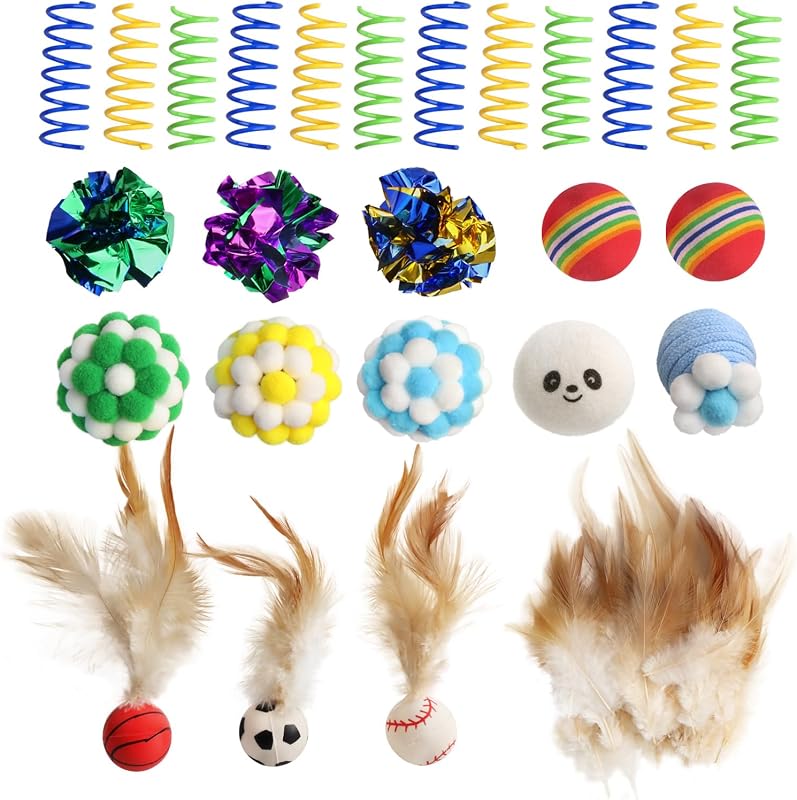 Juguetes para gatos de interior, un conjunto de 25 juguetes interactivos para gatos, que incluyen resortes coloridos, bolas chirriantes, bolas de arco iris, bolas de plumas, bolas de campana y muchos otros juguetes para gatitos.